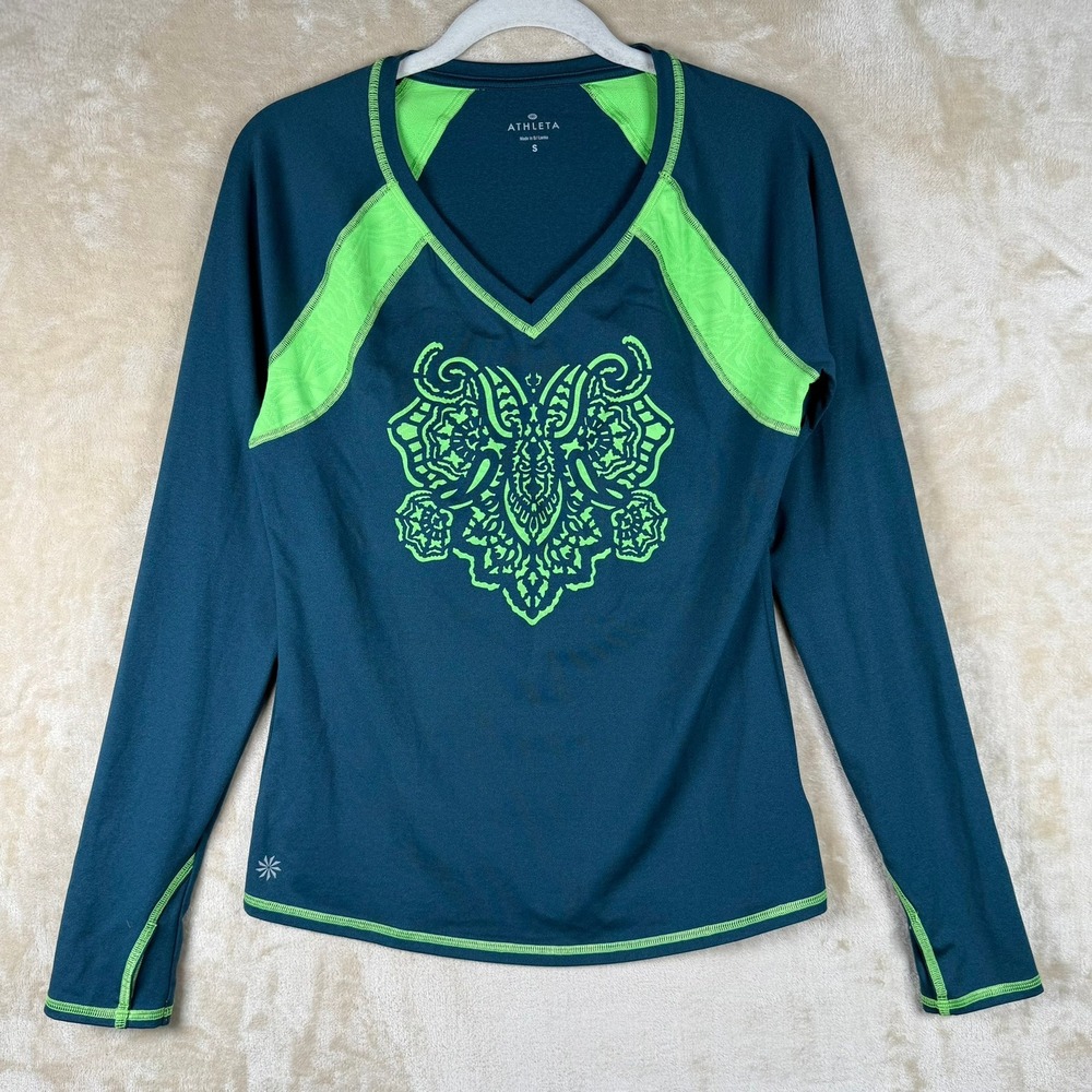 Athleta Womens Small Teal Lime Green Graphic Long Sleeve Active Top Thumbholes